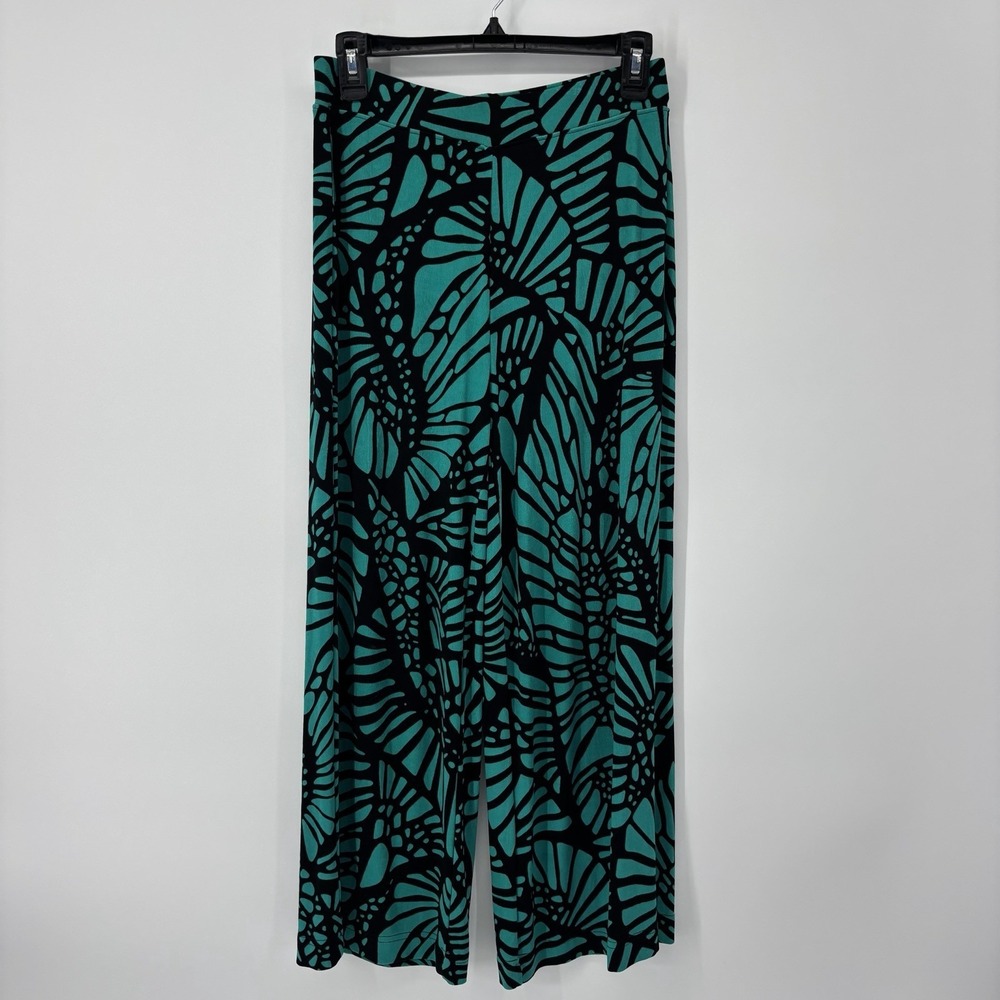 Chicos Cropped Flare Stretch Pants Blue Black Tropical Womens Size Small Boho